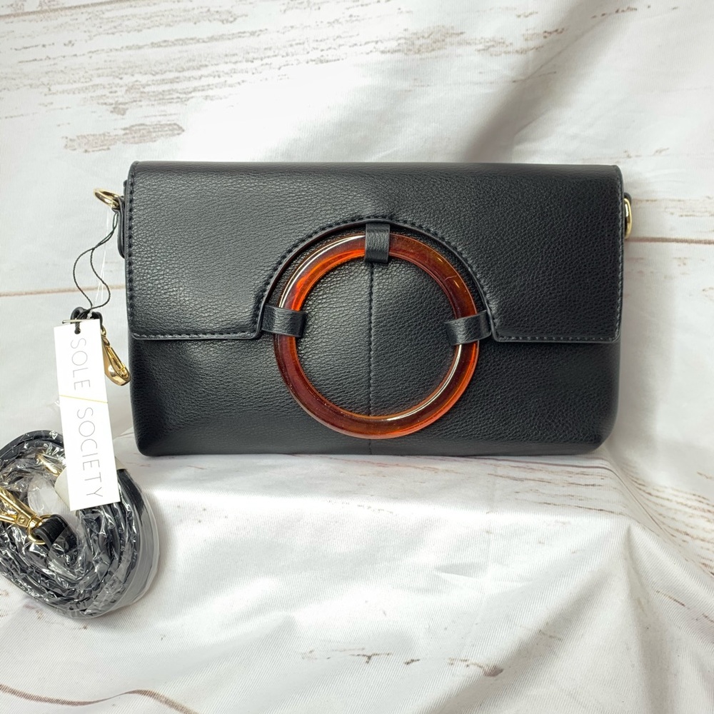 Sole Society Hallie faux leather fold over clutch black with tortoise shell